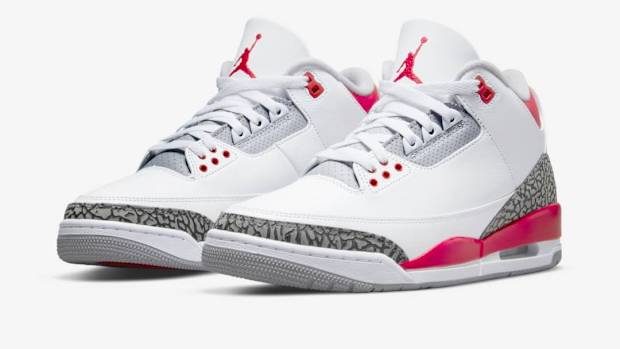 View of Air Jordan 3 'Fire Red' shoes.